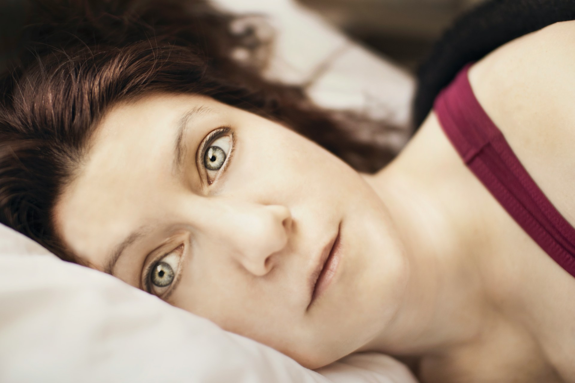 A closeup of a person wide awake after insomnia.