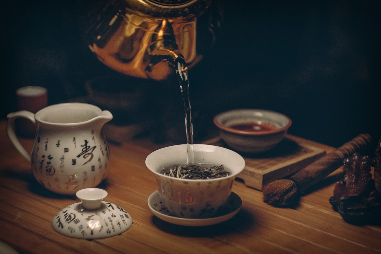 Green tea in a cup on a table