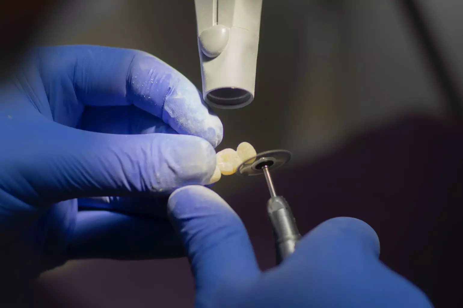 A person wearing purple latex gloves and polishing a dental bridge
